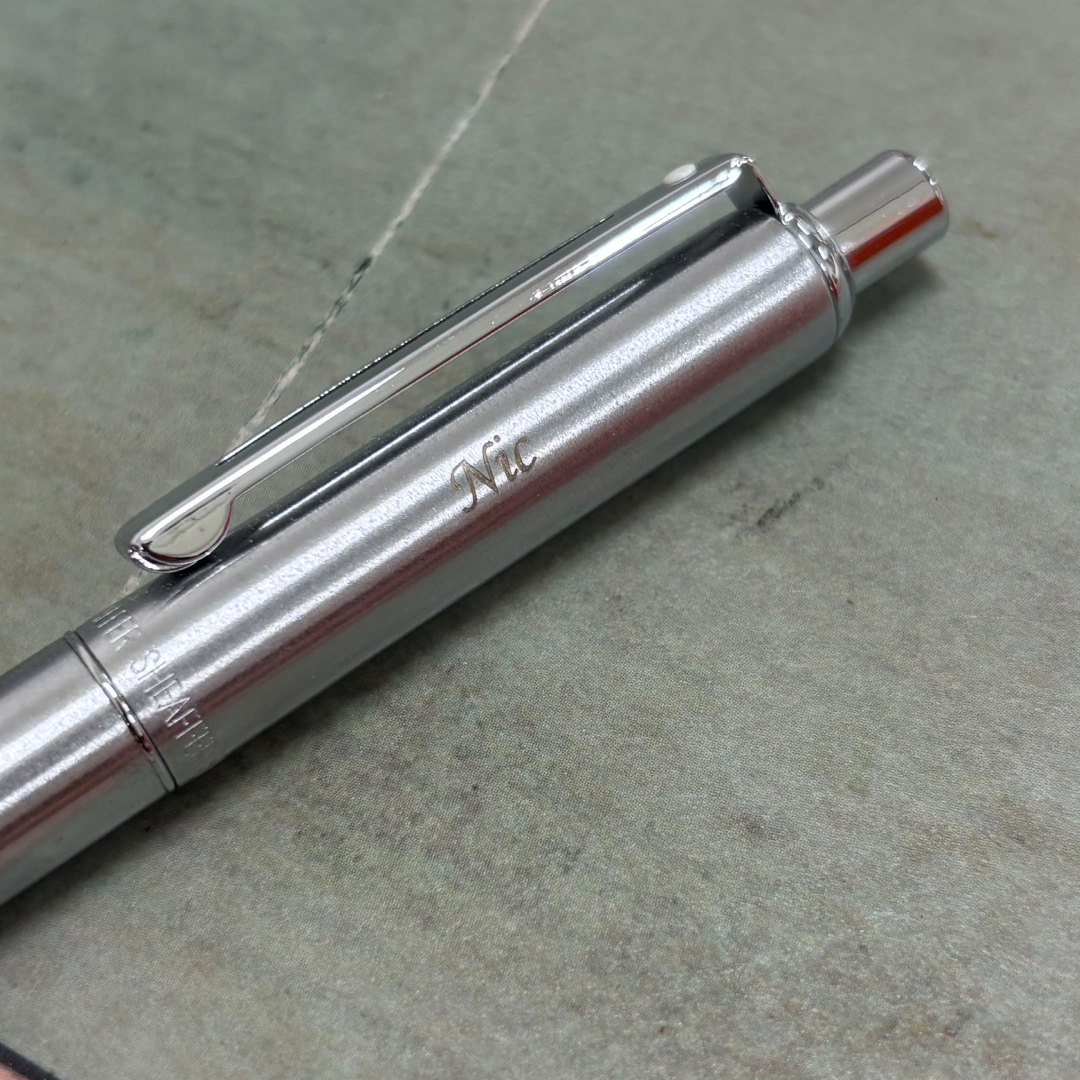 Personalised name engraving on Sheaffer Sentinel Metal 330 Brushed Chrome Ballpoint Pen with Chrome Trims