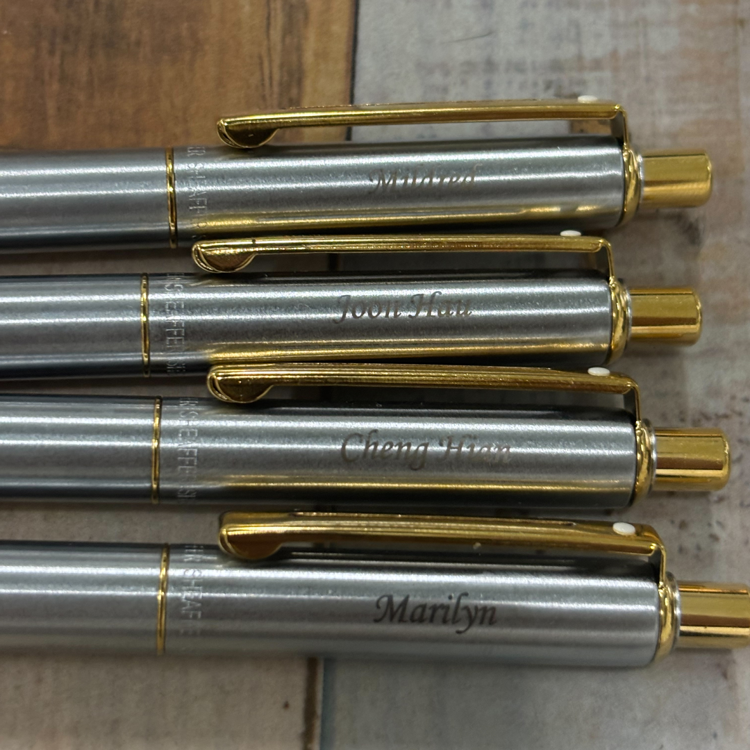 Personalized Name Engraving On Sheaffer Sentinel Metal 333 Brushed Chrome Ballpoint Pen with Gold Trims (WW31)