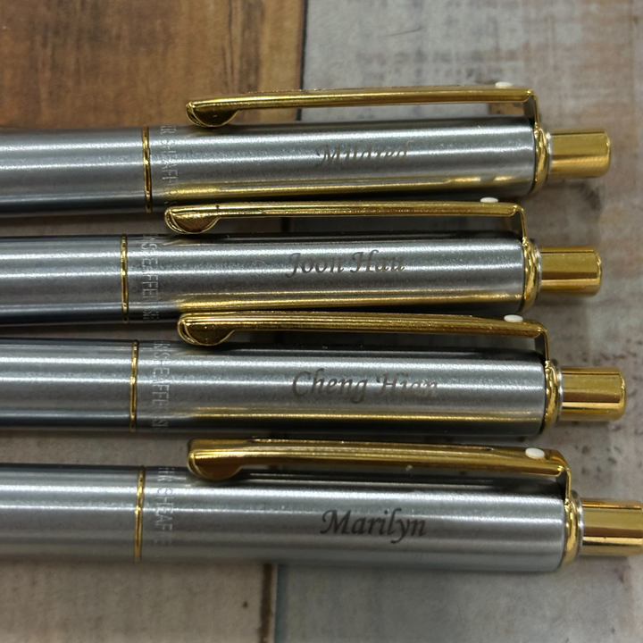 Personalized Name Engraving On Sheaffer Sentinel Metal 333 Brushed Chrome Ballpoint Pen with Gold Trims (WW31)