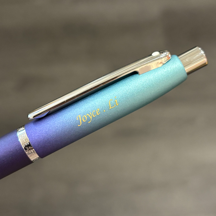 Personalised name engraving on Sheaffer VFM 9430 Expressions Blue and Purple Pearlised Gradient Ballpoint Pen with Chrome-Plated Trims