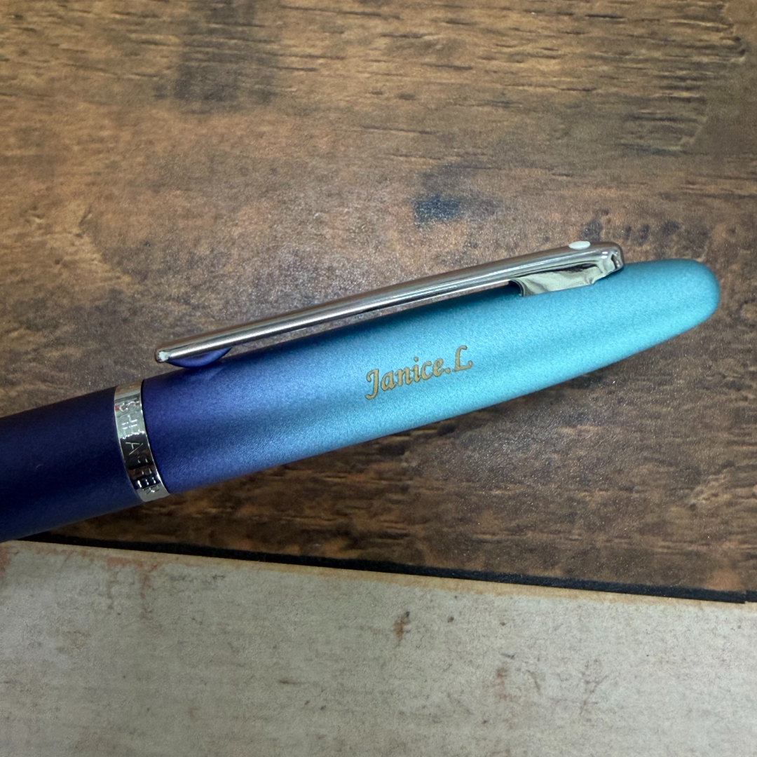 Personalised name engraving on Sheaffer VFM 9430 Expressions Blue and Purple Pearlised Gradient Rollerball Pen with Chrome-Plated Trims