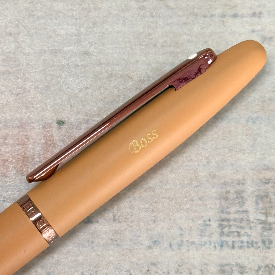 Personalised name engraving on Sheaffer VFM E9428 Coffee Edition Matt Brown With Regal Brown PVD Trims Rollerball Pen