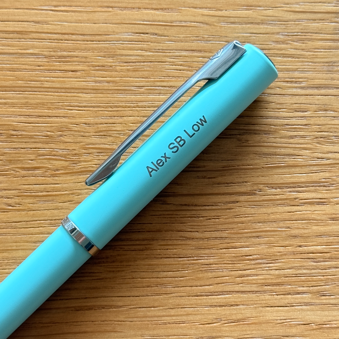 Personalised name engraving on Waterman Allure Ballpoint Pen + Pen Sleeve Gift Set in Pastel Blue