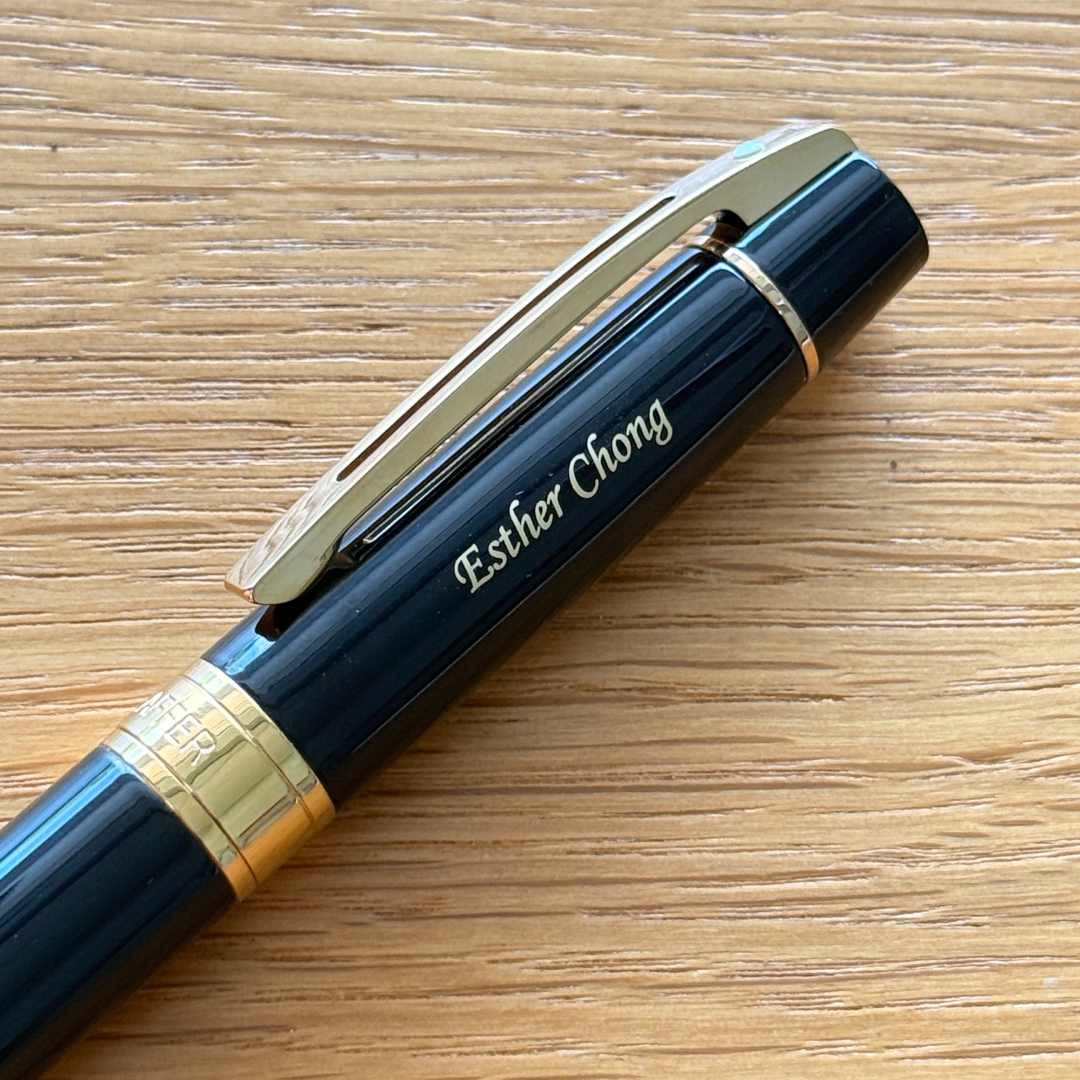 Personalised name two sides engraving on Sheaffer 300 E9325 Glossy Black with Gold Trims Rollerball Pen