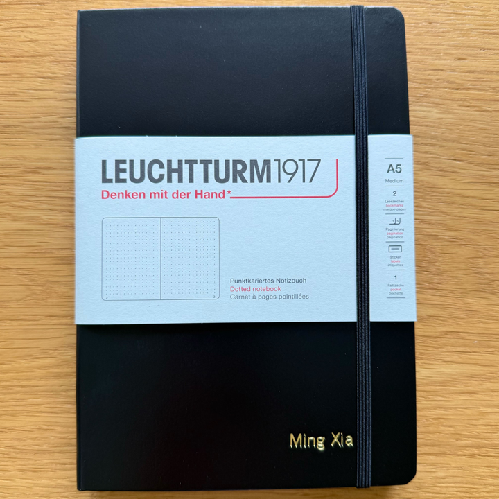 Personalized Name Embossing on Leuchtturm1917 A5 Medium Hardcover Notebook (Thick, 411 Pages) - Dotted / Black