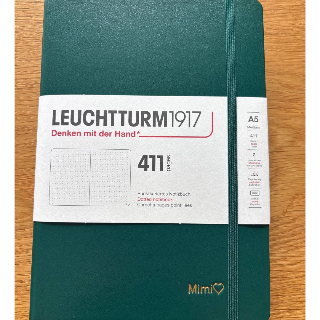 Personalized Name Embossing on Leuchtturm1917 A5 Medium Hardcover Notebook (Thick, 411 Pages) - Dotted / Forest Green