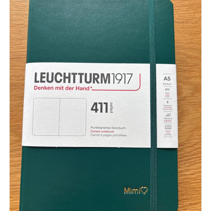 Personalized Name Embossing on Leuchtturm1917 A5 Medium Hardcover Notebook (Thick, 411 Pages) - Dotted / Forest Green