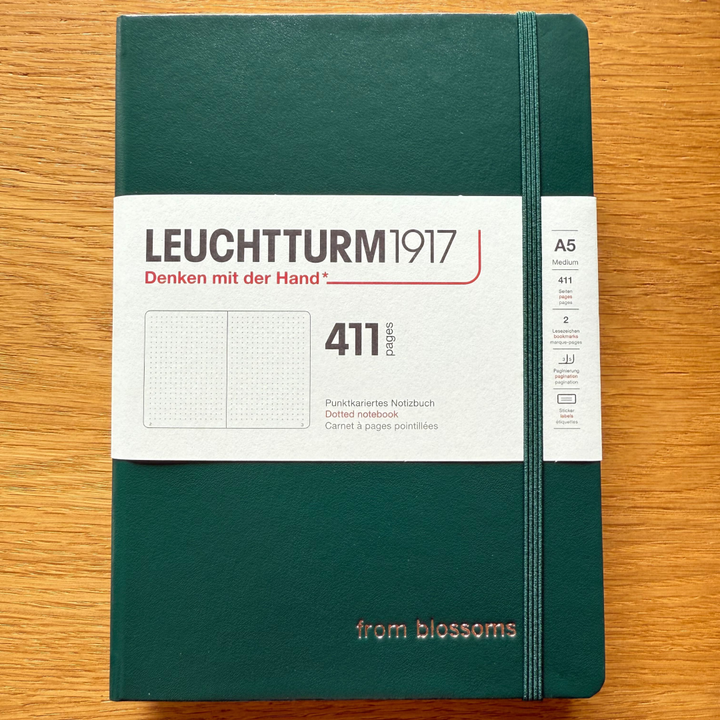 Personalized Name Embossing on Leuchtturm1917 A5 Medium Hardcover Notebook (Thick, 411 Pages) - Dotted / Forest Green