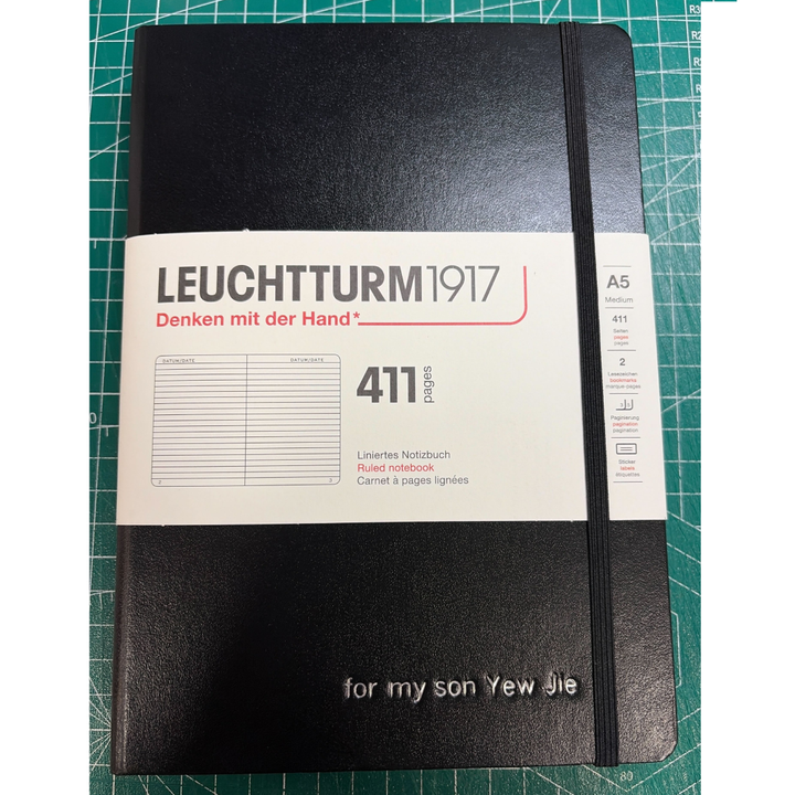 Personalized Name Embossing on Leuchtturm1917 A5 Medium Hardcover Notebook (Thick, 411 Pages) - Ruled / Black