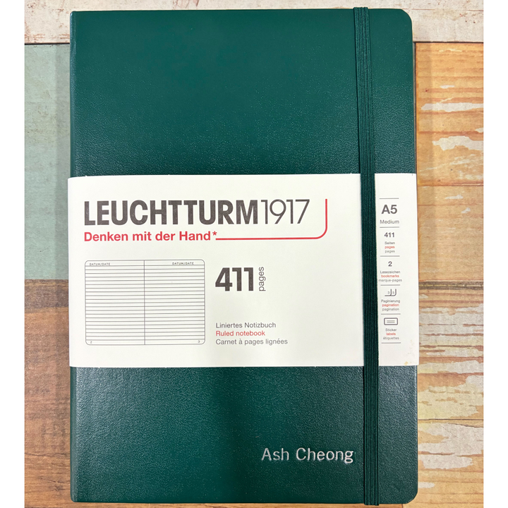 Personalized Name Embossing on Leuchtturm1917 A5 Medium Hardcover Notebook (Thick, 411 Pages) - Ruled / Forest Green
