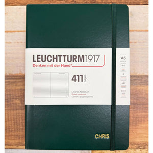 Personalized Name Embossing on Leuchtturm1917 A5 Medium Hardcover Notebook (Thick, 411 Pages) - Ruled / Forest Green