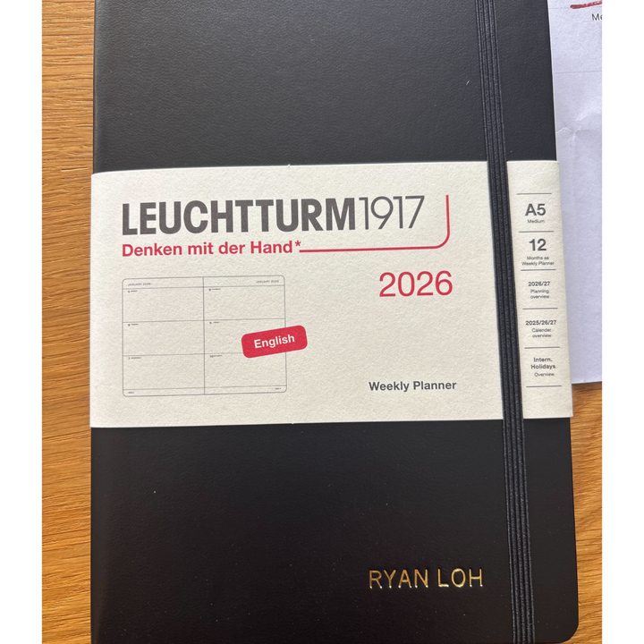 Personalized Name Embossing on Leuchtturm1917 A5 Medium Hardcover Weekly Planner 2026 - Black