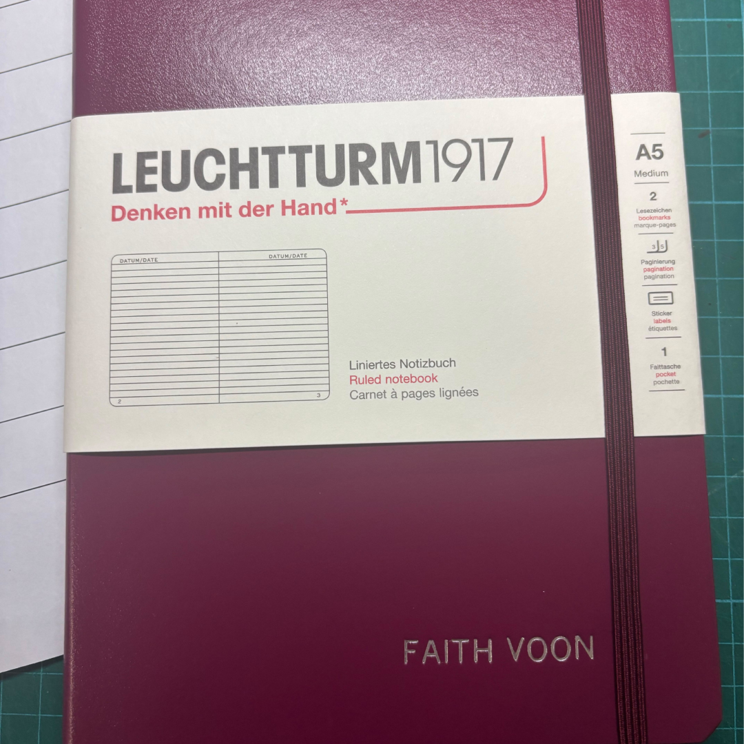 Personalized Name Embossing on Leuchtturm1917 A5 Medium Hardcover Notebook - Ruled / Port Red