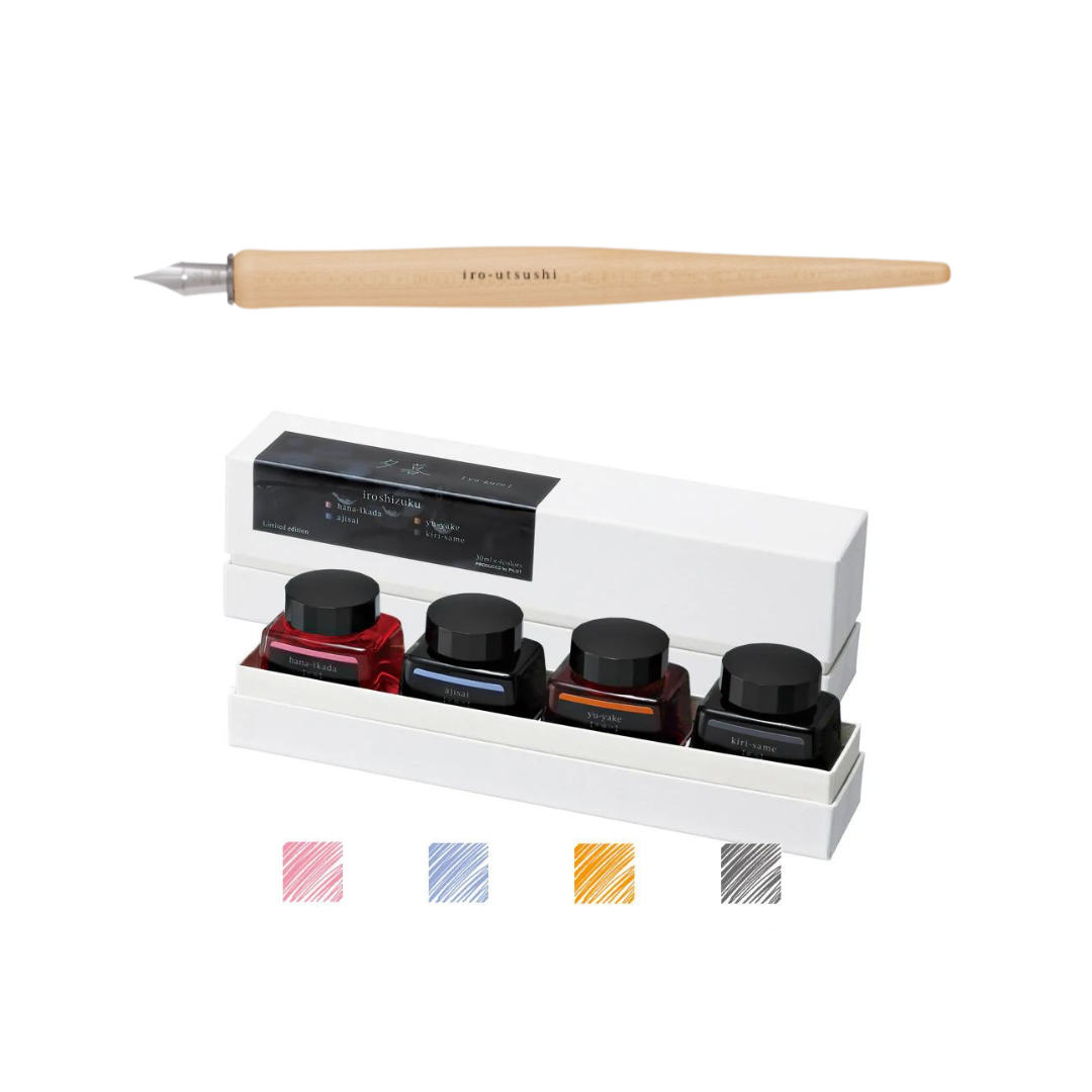 Pilot Iro-Utsushi Dip Pen Wood Barrel (Assorted Color and Nib) + Pilot Iroshizuku Ink Limited Edition 4 Colour Set 30ml (A…