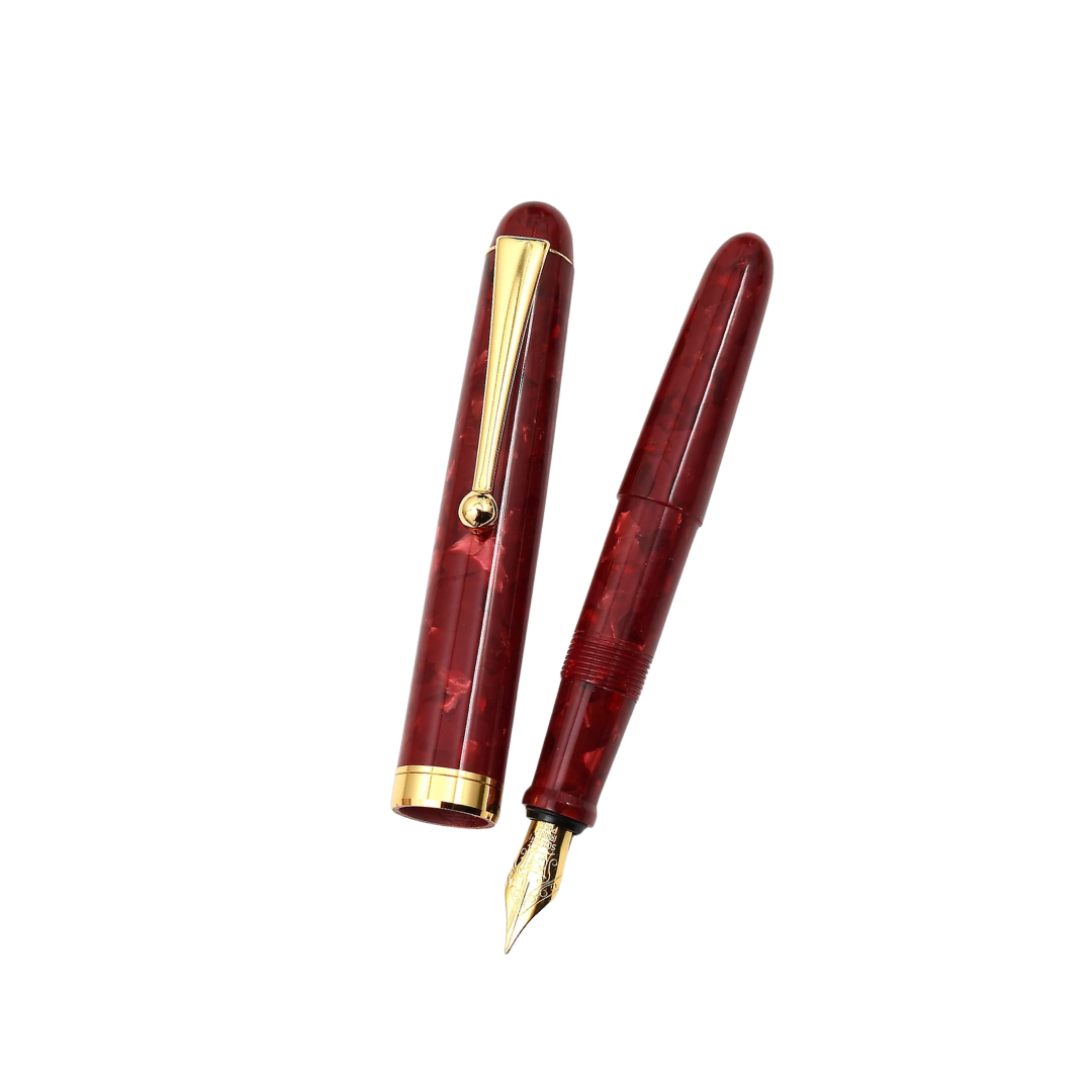Onishi Hand Made POCKET Fountain Pen with CLIP - Red Marble — uncapped with cap posted