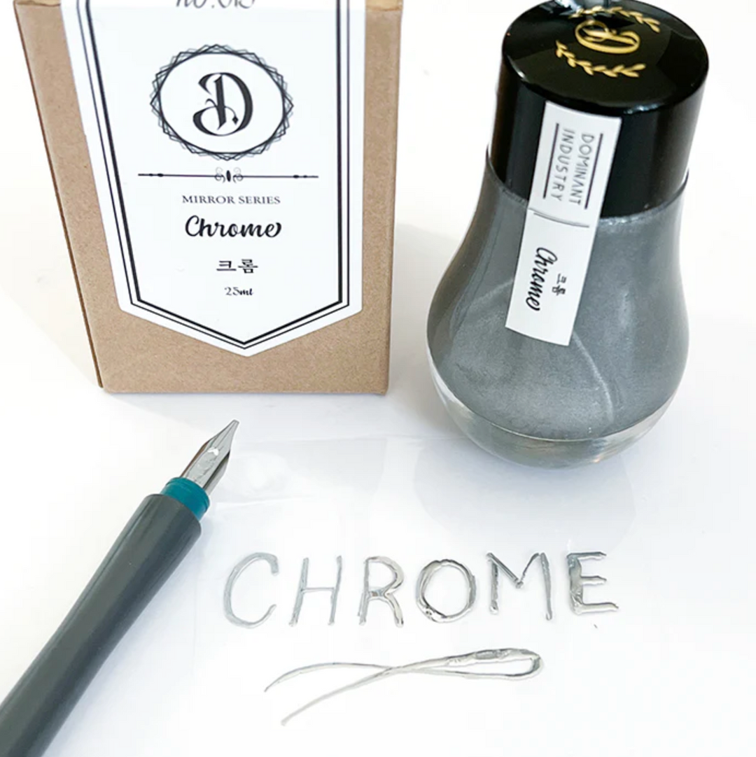 Dominant Industry Mirror 25ml Ink Bottle (for Dip Pen) in Chrome — Dominant Industry fountain pen ink — premium bottled ink for writing, at Cityluxe Singapore