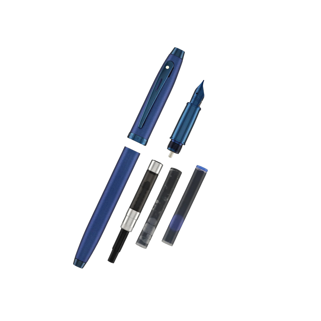 Sheaffer 100 E9371 Satin Blue With PVD Blue Trims Fountain Pen (WW30) — Sheaffer fountain pen — precision nib writing instrument, at Cityluxe Singapore stationery store
