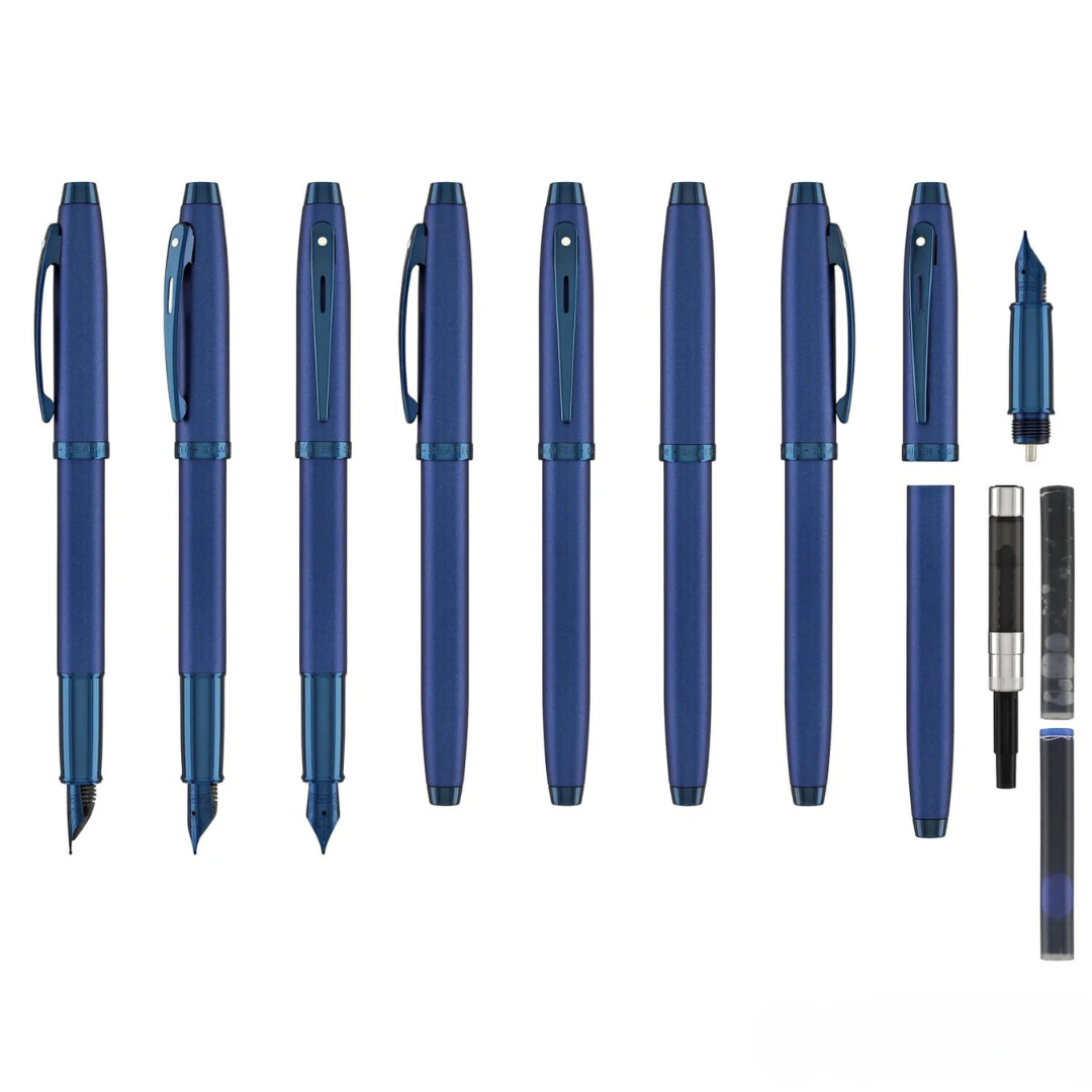 Sheaffer 100 E9371 Satin Blue With PVD Blue Trims Fountain Pen (WW30) — Sheaffer fountain pen — precision nib writing instrument, at Cityluxe Singapore stationery store