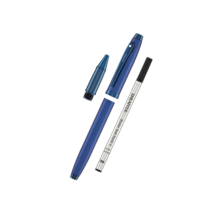 Sheaffer 100 E9371 Satin Blue With PVD Blue Trims Rollerball Pen (WW30) — Sheaffer rollerball pen — fluid gel ink writing instrument, at Cityluxe Singapore