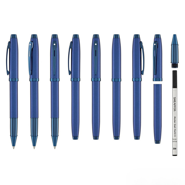 Sheaffer 100 E9371 Satin Blue With PVD Blue Trims Rollerball Pen (WW30) — Sheaffer rollerball pen — fluid gel ink writing instrument, at Cityluxe Singapore