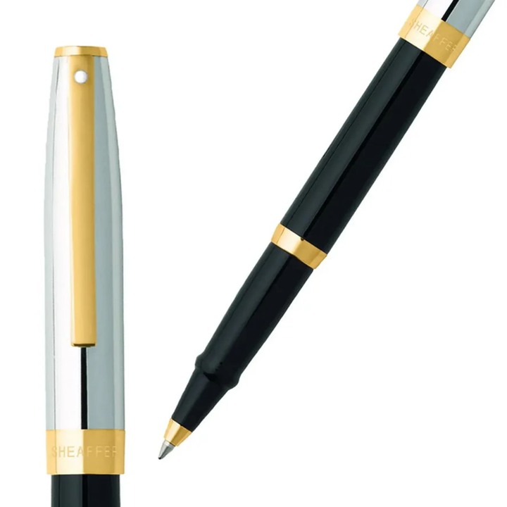 Sheaffer SAGARIS E9475 Gloss Black Barrel and Chrome Cap With Gold Tone Trim Rollerball Pen  (WW30) — Sheaffer rollerball pen — fluid gel ink writing instrument, at Cityluxe Singapore