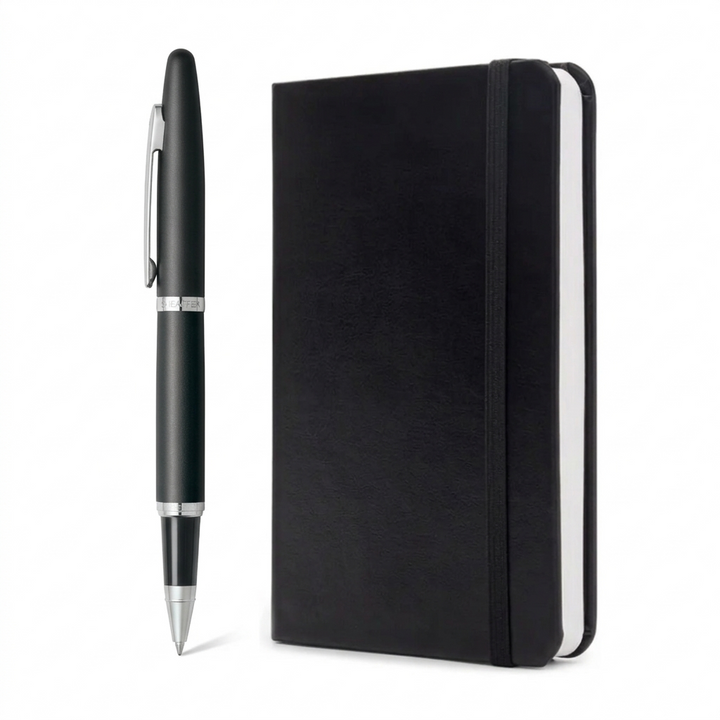 Sheaffer VFM E9405 Matte Black CT Rollerball Pen with A6 Notebook Gift Set — Sheaffer rollerball pen — fluid gel ink writing instrument, at Cityluxe Singapore