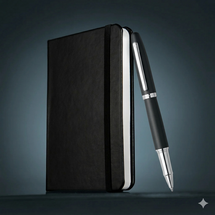 Sheaffer VFM E9405 Matte Black CT Rollerball Pen with A6 Notebook Gift Set — Sheaffer rollerball pen — fluid gel ink writing instrument, at Cityluxe Singapore
