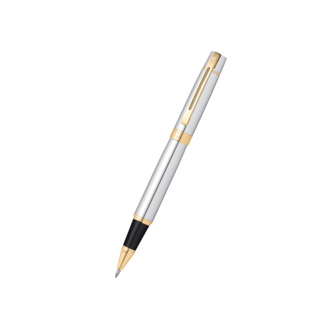 Sheaffer 300 E9342 Bright Chrome With Gold Trims Rollerball Pen (WW30) — Sheaffer rollerball pen — fluid gel ink writing instrument, at Cityluxe Singapore