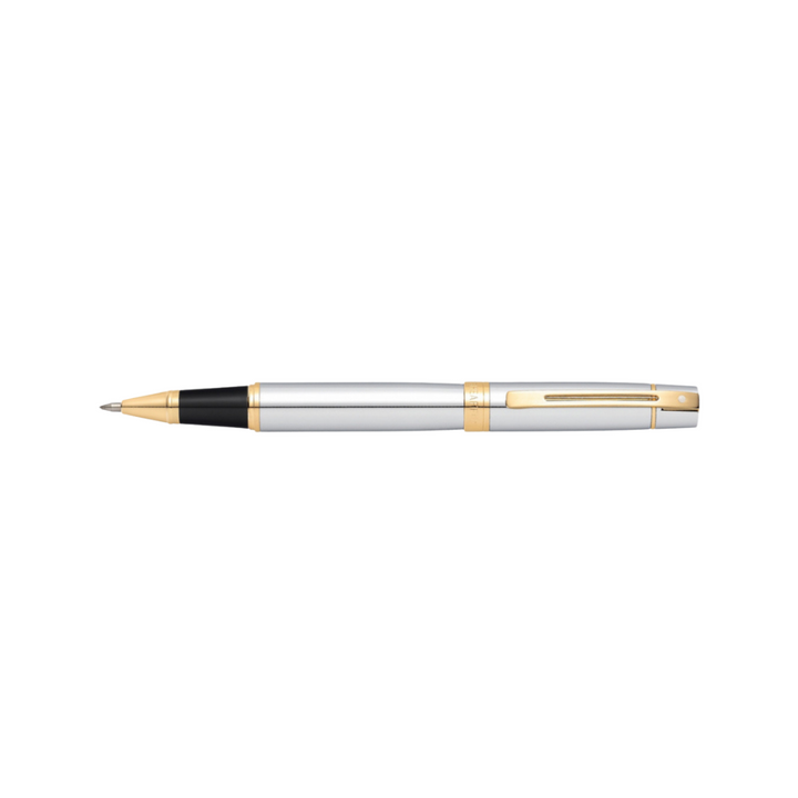 Sheaffer 300 E9342 Bright Chrome With Gold Trims Rollerball Pen (WW30) — Sheaffer rollerball pen — fluid gel ink writing instrument, at Cityluxe Singapore