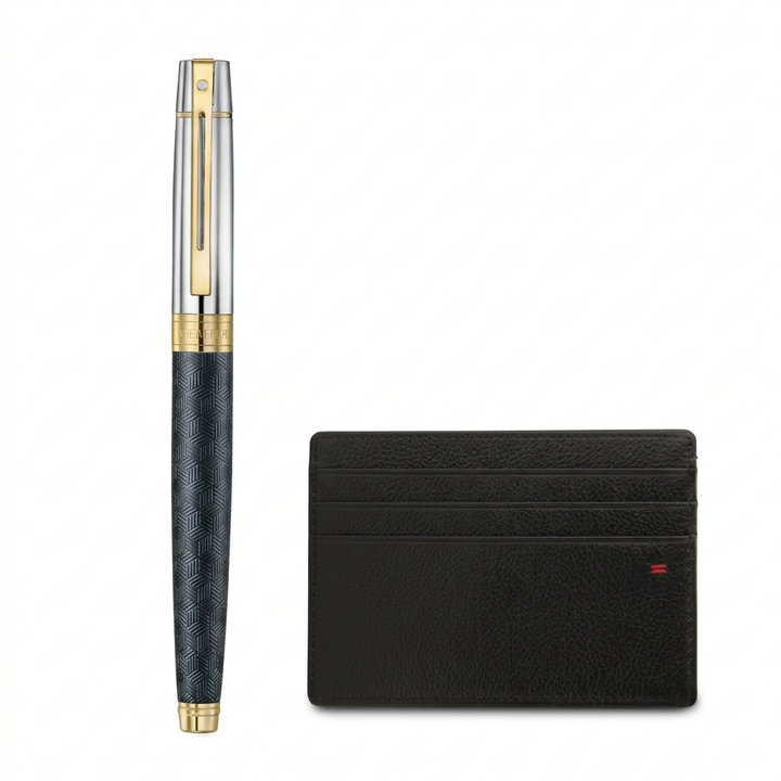 Sheaffer 300 9347 Engraved Black Rollerball Pen with Chrome Cap and Gold Trims Gift Set With Credit Card Holder — Sheaffer rollerball pen — fluid gel ink writing instrument, at Cityluxe Singapore