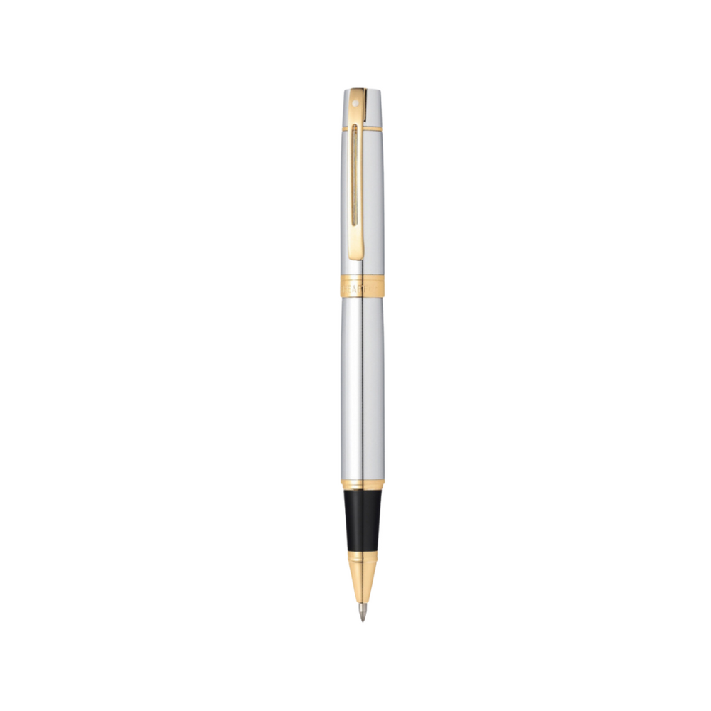 Sheaffer 300 E9342 Bright Chrome With Gold Trims Rollerball Pen (WW30) — Sheaffer rollerball pen — fluid gel ink writing instrument, at Cityluxe Singapore