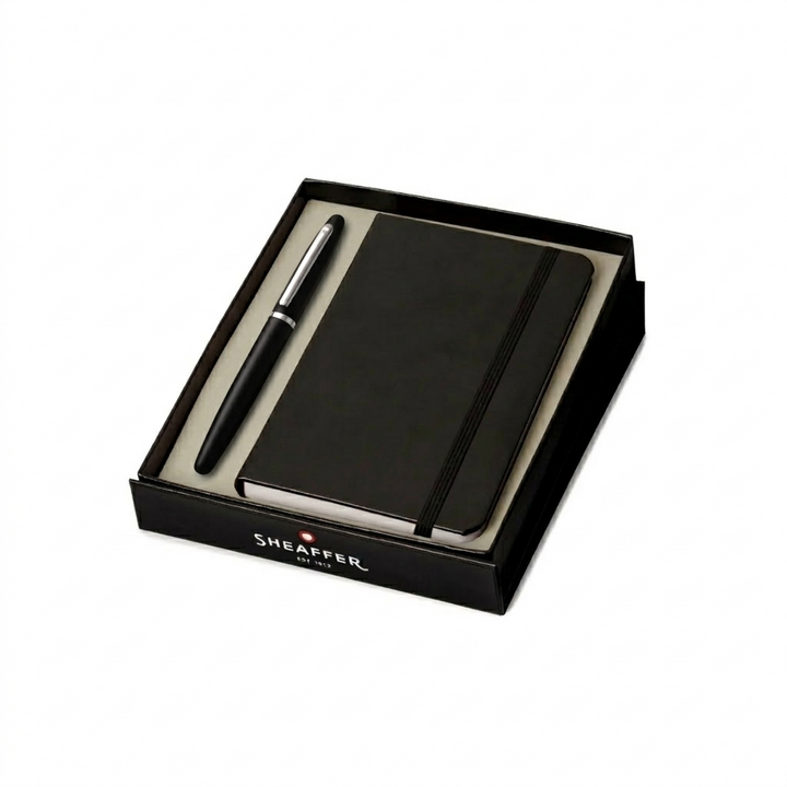 Sheaffer VFM E9405 Matte Black CT Rollerball Pen with A6 Notebook Gift Set — Sheaffer rollerball pen — fluid gel ink writing instrument, at Cityluxe Singapore