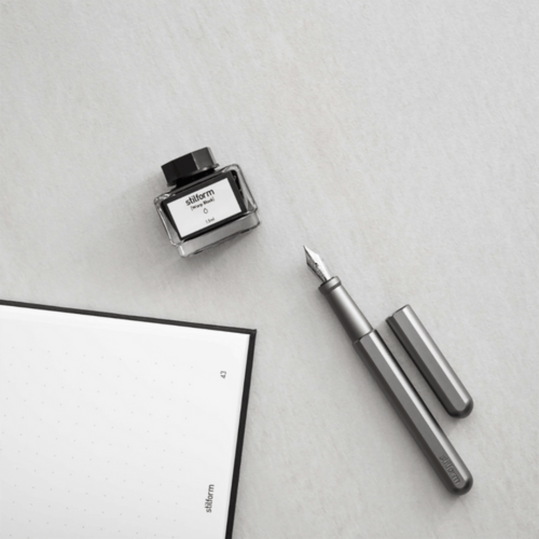 Stilform INK Comet Grey Aluminium Fountain Pen — with packaging