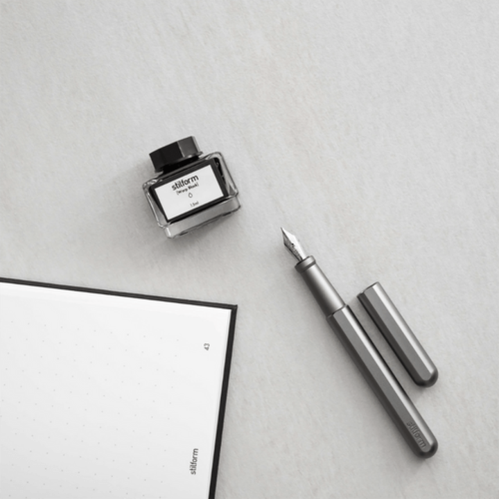 Stilform INK Comet Grey Aluminium Fountain Pen — with packaging