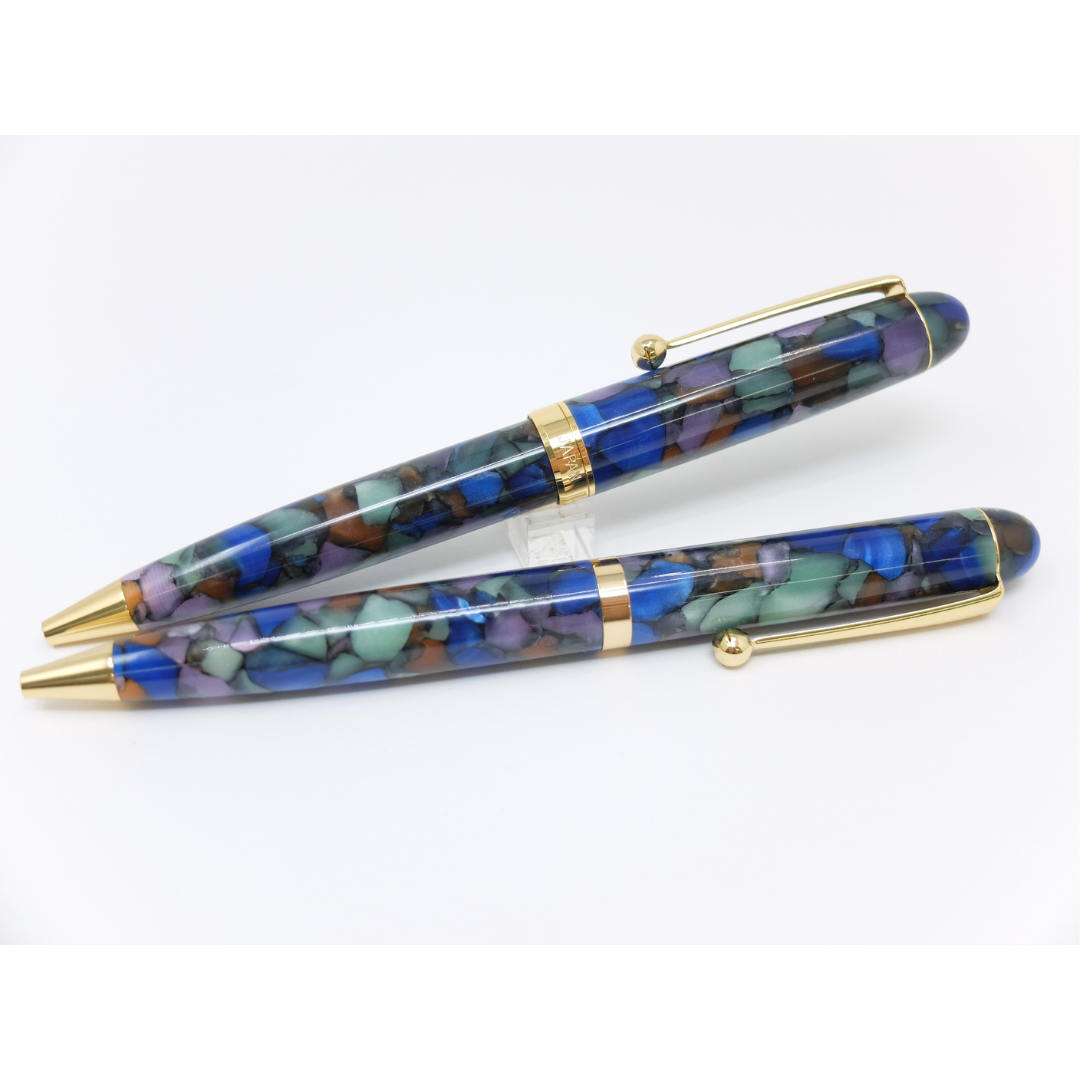 Onishi Hand Made Fountain Pen-Standard Schmidt Steel - Mosaic Blue — uncapped with cap posted