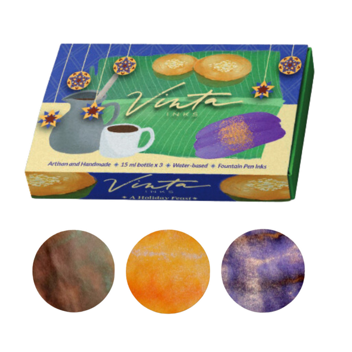 Vinta Inks Holiday Collection Set of 3 Ink Bottles 15ml - Hot Chocolate, Purple Sticky Rice Cake, Filipino Rice Cake — Vinta Inks fountain pen ink — premium bottled ink for writing, at Cityluxe Singap
