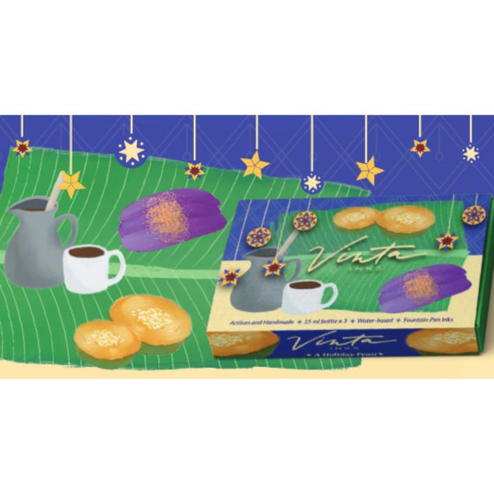 Vinta Inks Holiday Collection Set of 3 Ink Bottles 15ml - Hot Chocolate, Purple Sticky Rice Cake, Filipino Rice Cake — Vinta Inks fountain pen ink — premium bottled ink for writing, at Cityluxe Singap