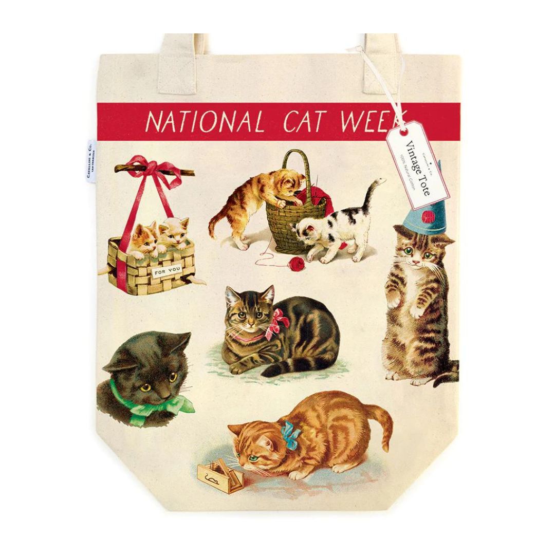 Cavallini Tote Bag in Vintage Cats — Cavallini carrying pouch — stationery storage and organisation, at Cityluxe Singapore
