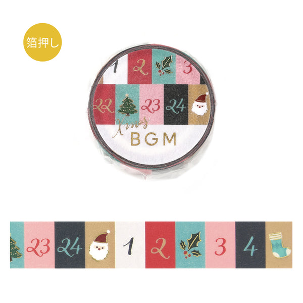 BGM Christmas Limited Advent Calendar foil washi tape, 15mm roll and unrolled strip with numbered days and Christmas icons