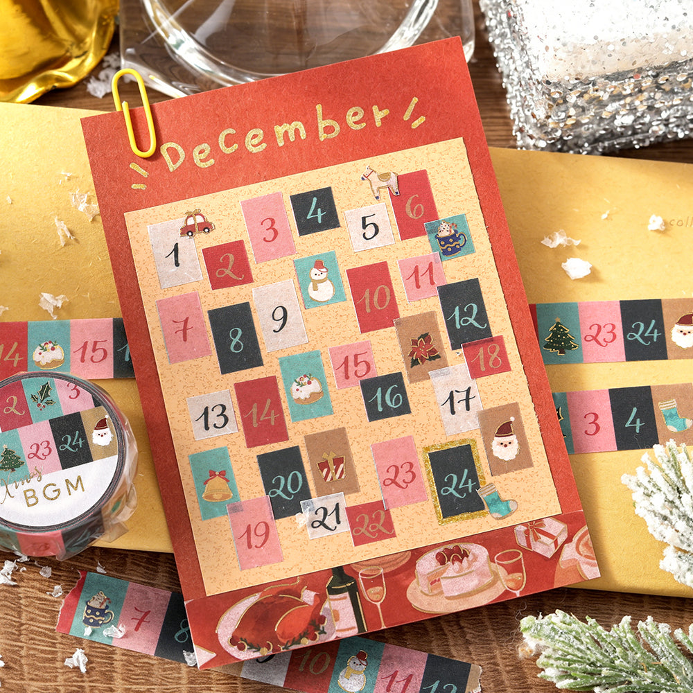 December advent calendar card made from cut squares of BGM Advent Calendar washi tape, days 1 to 24