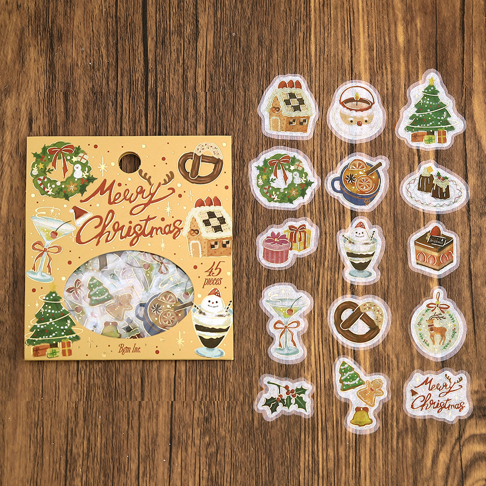 BGM Christmas Collection pack beside all 15 flake sticker designs of Christmas treats and decorations