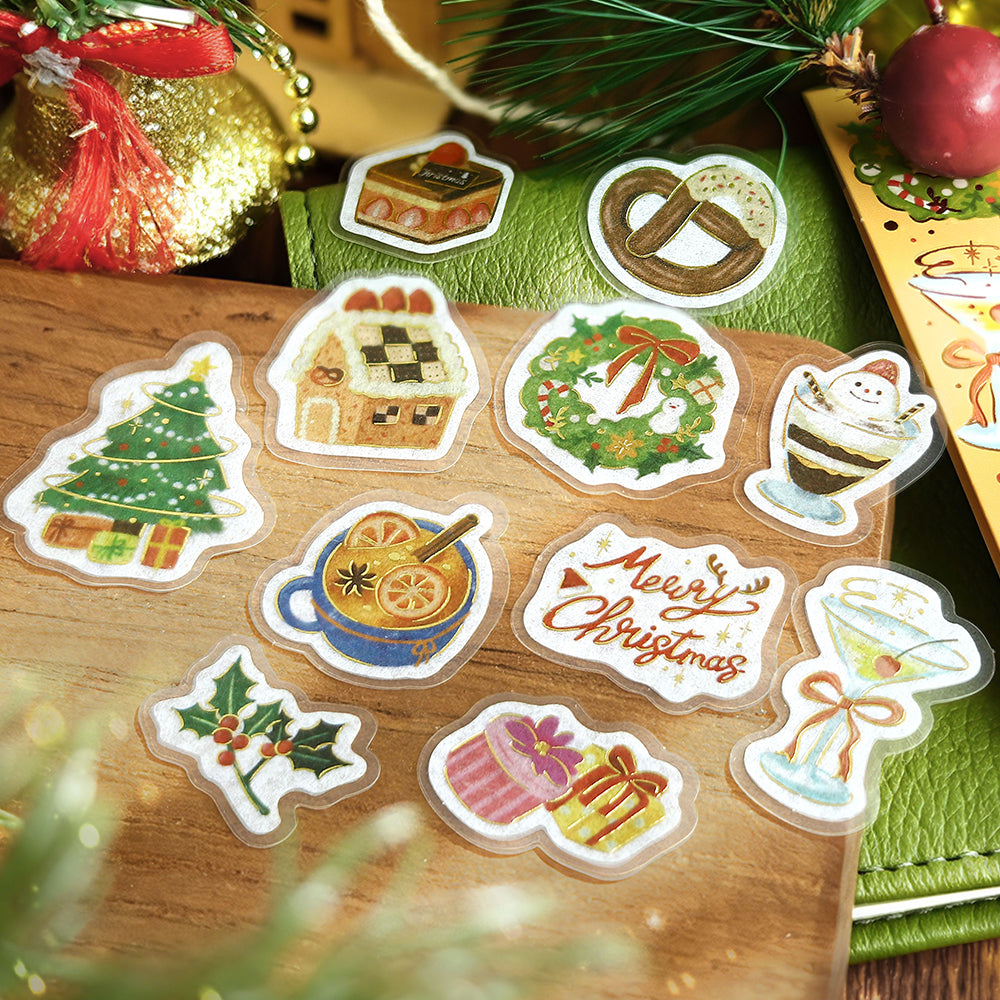 BGM Christmas Collection flake stickers on wood: tree, gingerbread house, wreath, parfait, hot drink and Merry Christmas