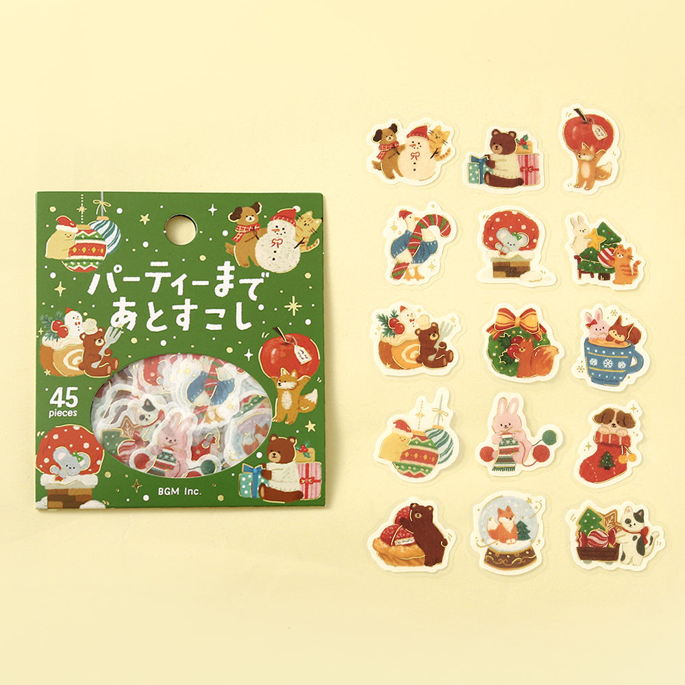 BGM Just a Little Longer Until the Party pack beside all 15 flake sticker designs of animals preparing for Christmas