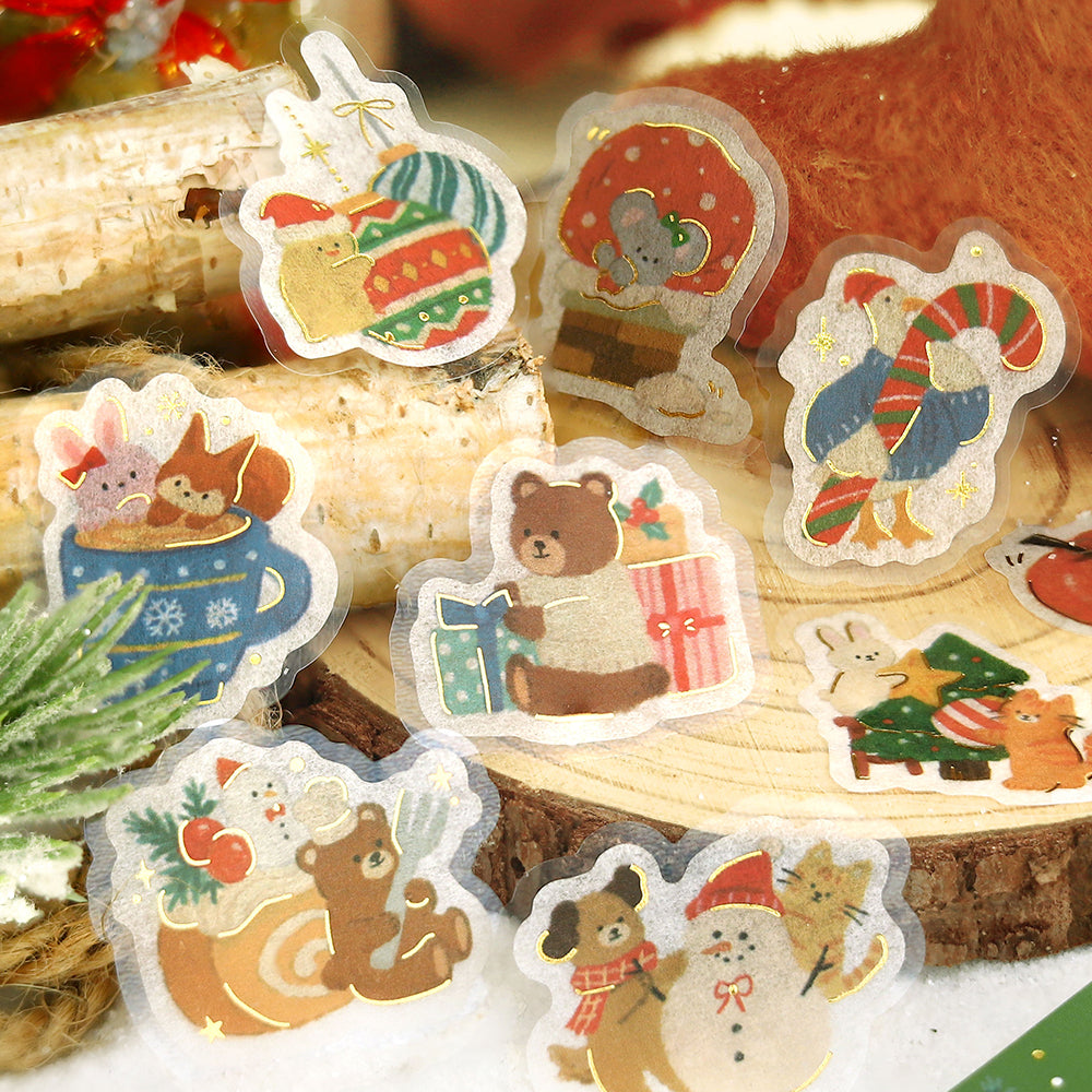 Close-up of BGM Christmas animal flake stickers: bear with presents, duck with candy cane, rabbit and fox in a mug