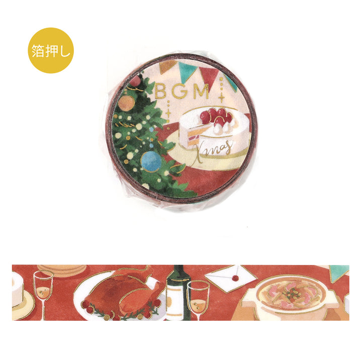 BGM Christmas Limited Gathering Around the Table foil washi tape, 15mm roll and strip showing a Christmas dinner table