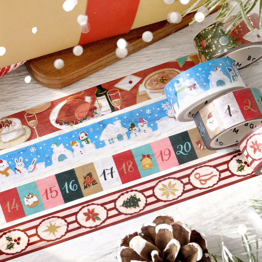 BGM 2026 Christmas Limited washi tapes side by side, with the Gathering Around the Table tape in the back row