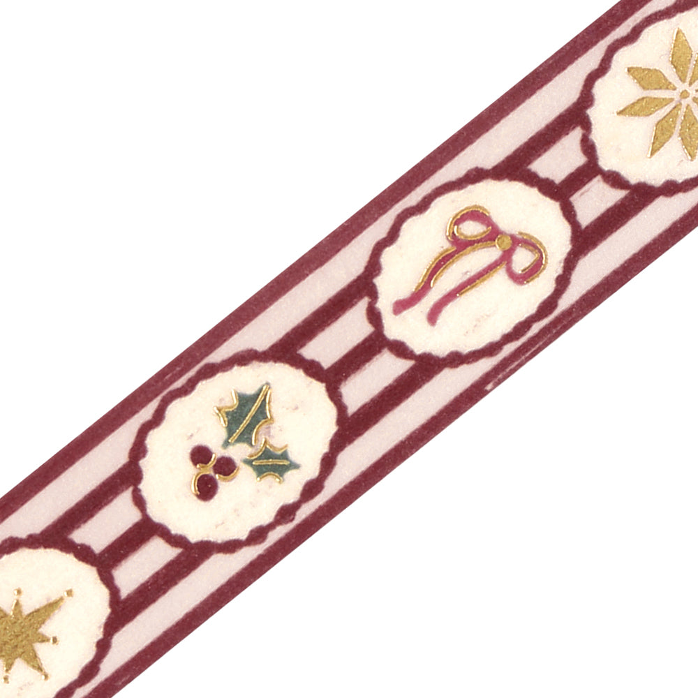 Close-up of BGM Holiday Pattern washi tape: gold-foil star, pink ribbon bow and holly in scalloped frames