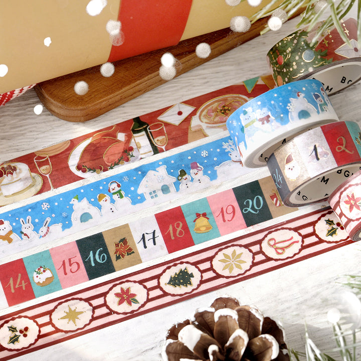 BGM 2026 Christmas Limited washi tapes side by side, with the Holiday Pattern tape in the front row