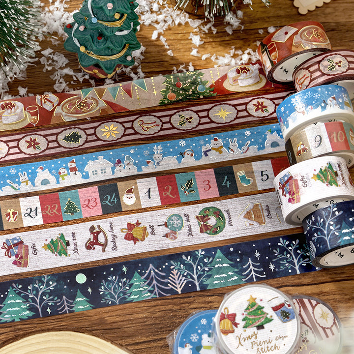 BGM 2026 Christmas Limited washi tape collection on a wooden table, with the Holiday Pattern tape in the second row