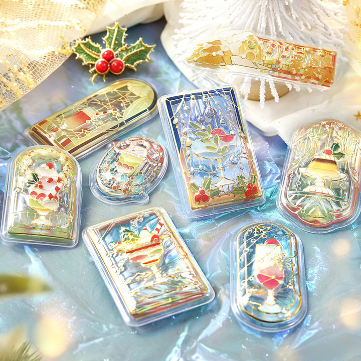 Puffy BGM stained-glass stickers off the sheet: pudding, cream soda float, parfait, wreath dessert and snowy village